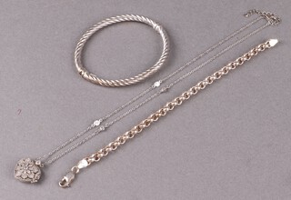A 925 silver belcher link bracelet 19cm, a silver bangle and a silver locket hung on a chain 