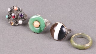 A green hardstone ring size O, 3 gem set dress rings size M 1/2 