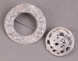 A Scottish Celtic style circular silver brooch Glasgow 1941 together with a pierced Norwegian Sterling brooch 41g