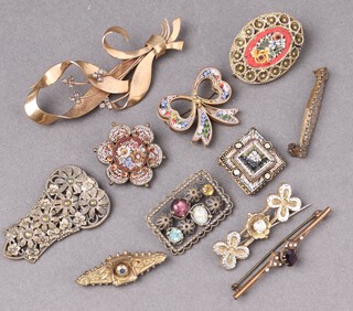 Three micro mosaic brooches and other brooches 
