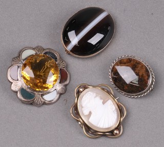 An oval tigers eye brooch in a gilt mount, an oval polished hardstone brooch in a silver mount, a Scottish silver brooch set hardstones (1 stone missing) and a shell carved cameo portrait brooch in a gilt metal mount 