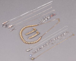 A gilt metal simulated pearl and green stone necklace and matching pair of drop earrings, together with silver and other pendants on chains, earrings and bracelet 