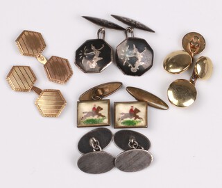A pair of Siamese Sterling silver and enamel cufflinks, 2 pairs of gilt metal cufflinks and 2 other pairs of cufflinks 
