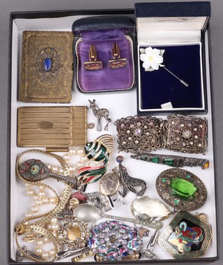 A rectangular embossed gilt metal box, a micro mosaic brooch in the form of a mandolin and a quantity of costume jewellery 
