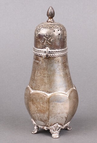 A silver sugar caster raised on 4 panelled supports Birmingham 1900, 182g, marks rubbed