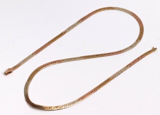 A 3 colour gold, marked 375, flat link necklace (chain a/f), 32.5cm, 3.3 grams