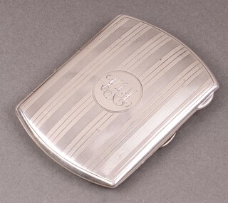 A silver cigarette case with engine turned decoration, monogrammed, Birmingham 1916, 72g