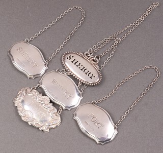 Two silver decanter labels - Port and Sherry, Birmingham 1990, 2 others Whisky and Port Birmingham 1992, 39g and a Sherry decanter label 