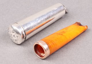 An Edwardian silver cheroot holder case, monogrammed, 16cm, Birmingham 1900, containing an amber cheroot holder with 9ct gold band  