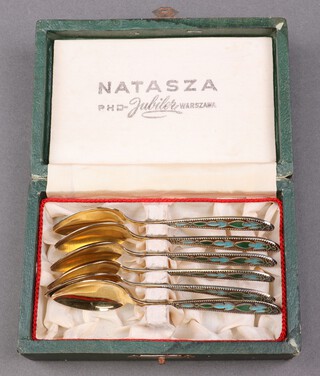 A set of 6 Polish silver, gilt and enamelled coffee spoons marked 875, 91g, cased 