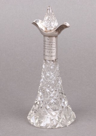 A cut glass perfume bottle with silver collar Birmingham 1900 with inscription "To Mrs Williamson on the laying of the foundation stone of the Church of St Sery 19th July 1902" 16cm  