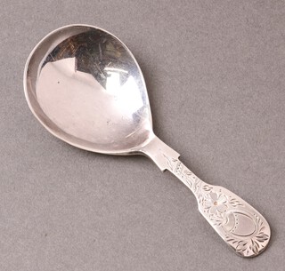 An engraved fiddle pattern caddy spoon Sheffield 1960 by Francis Howard Ltd., 19g 