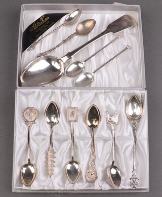 A William IV silver fiddle pattern table spoon London 1836, monogrammed, 2 silver coffee spoons Sheffield 1918, 2 silver apostle teaspoons 105g and 6 Chinese teaspoons 