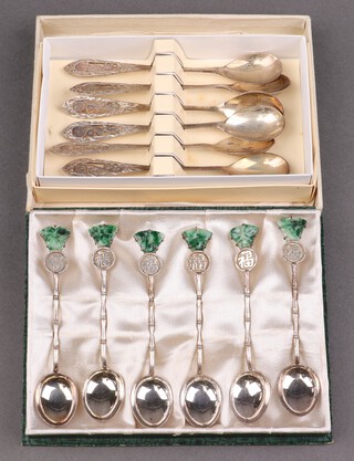 Six marked 800 pierced teaspoons together with 6 Chinese white metal and hardstone teaspoons, cased 