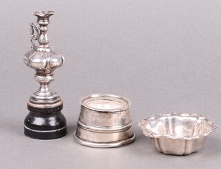 A miniature Sterling replica of the Americas Cup 10cm, on a socle base (top section of handle missing), a Brinks Sterling silver salt (scratched), together with a silver and glass inkwell Birmingham 1903 3cm (bent and misshapen)  