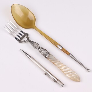 A silver fork with carved mother of pearl handle Birmingham 1872 by George Unite & Son, a silver propelling pencil with engined turned decoration Birmingham 19147, a horn and silver mounted spoon (marks rubbed) 