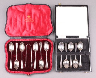A cased set of 6 Victorian silver bright cut teaspoons and matching tongs London 1882, together with 5 silver Old English pattern coffee spoons Sheffield 1944, 143g 