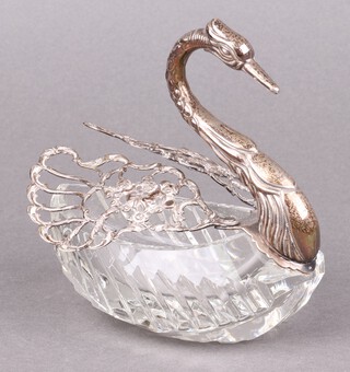 A German cut glass and pierced 925 silver salt in the form of a swan 10cm 
