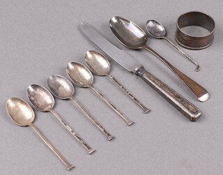 A Victorian silver Old English pattern teaspoon London 1869, 5 silver nail end coffee spoons, Sheffield 1935, a silver coffee spoon in the form of a golf club and a napkin ring 75g, together with a silver handled tea knife 