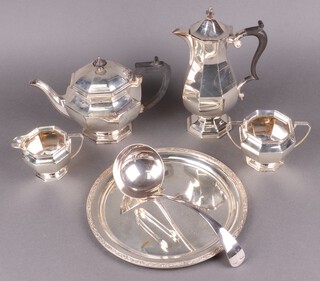 A Queen Anne style octagonal 4 piece silver plated tea service, a silver plated salver and an Old English pattern sauce ladle