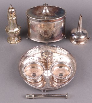 A Georgian style oval silver plated biscuit barrel raised on 4 panel supports 17cm, silver plated wine funnel, 2 miniature bottle masters, 3 section dish and and other items of silver plated ware 
