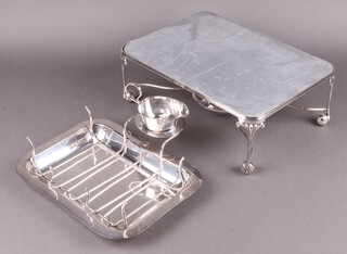 A silver plated asparagus dish together with a silver plated spirit burner on bun feet (frame to burner a/f) 