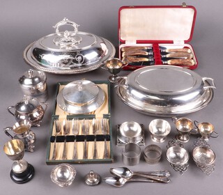 Two oval silver plated entree dishes and covers, 6 Taylors Eye Witness stag horn handle steak knives, set of 6 pastry forks cased and other items of silver plated ware 