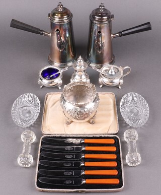 A silver plated Queen Anne style cafe au lait set by Wilson & Sharp Edinburgh, a 3 piece silver plated condiment set, sugar bowl and 6 cased tea knives
