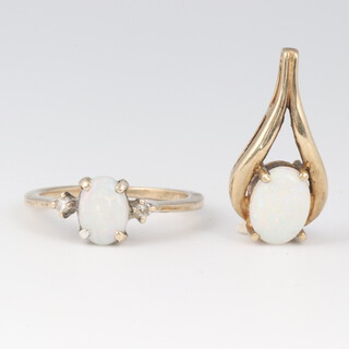A gold testing as 9ct opal and diamond set ring, size H 1.5g, together with a gold and opal set pendant 1.4g 