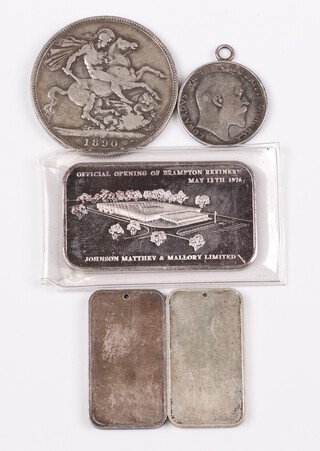 An Edward VII shilling 1902, a Victorian crown 1890 together with a fine silver Canadian ingot 1 troy ounce and 2 smaller silver ingots, 100g gross 