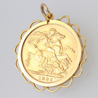 A gold sovereign 1893, set in a gold pendant mount, 9.6g gross 