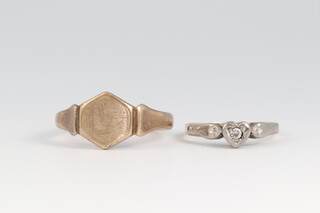 A 9ct gold signet ring size Q, 3.9g, together with a yellow and white gold, marked 9ct, diamond set ring size H, 1.5g
