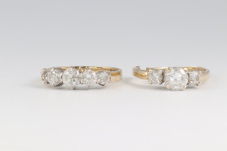 Two 14ct gold and paste set rings (1 misshapen and cut, 1 with stone missing), size K, 5 grams gross