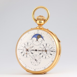 Le Roy & Fils, an 18k gold open faced keyless wind repeating pocket watch with chronograph having 4 subsidiary dials to include: moon phase with date and Racaumur temperature scale, days of the week (French), calendar and split second interval.  

The case engraved, N:44661 Le Roy & Fils Hgers De La Marine Palais Royal 13 & 15 Galie Montpensier Paris 211 Regent Street, London.  The outer case marked 9620