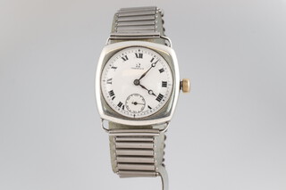A gentleman's Omega wristwatch with enamelled dial, Arabic numerals and subsidiary second hand, the dial marked Omega, the movement marked no. 5527537 Omega Watch Company Swiss, contained in a 925 silver case no.510701, with replacement steel strap 