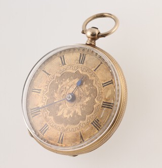 An open faced key wind fob watch with Roman numerals, contained in an engraved gold and enamelled case, 20g gross  