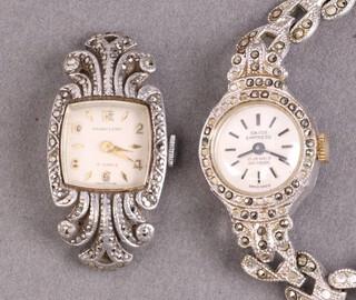 A lady's Franklind cocktail watch, movement marked 17 jewels, contained in a marcasite case, together with a lady's Swiss Empress 17 jewel Icabloc cocktail watch on an integral bracelet 