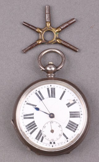 A Swiss open faced pocket watch with enamelled dial, Roman numerals and subsidiary second hand, contained in a 925 Continental silver case, together with a Universal key wind key