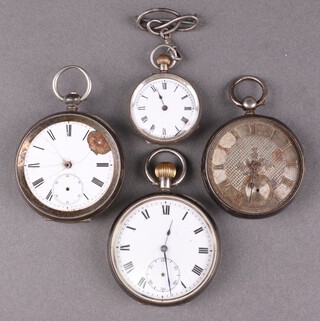 Robinson of Chesterfield, an open faced pocket watch with silvered dial, gilt Roman numerals and subsidiary second hand (second hand missing), movement no.7786 contained in a silver case London 1859 (glass missing, watch currently not running), together with an open faced pocket watch  the back plate marked E & M Iguldson Edinburgh (not running, large chip to dial, glass missing), a Tacy Watch Company Mysteria keyless pocket watch  contained a 925 case (subsidiary second hand missing and not running) and an open faced pocket watch  