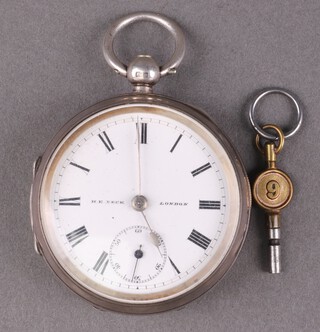 H E Peck of 71 Ludgate Hill, an open faced, key wind pocket watch, dial marked H E Peck London with enamelled dial, Roman numerals and subsidiary second hand, the movement signed and no.687704, contained in a silver case Birmingham 1902 complete with key  