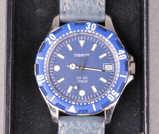A Tissot J185/285K day/date diving watch with blue dial marked Tissot PR50 Atollo, cased and with original guarantee 