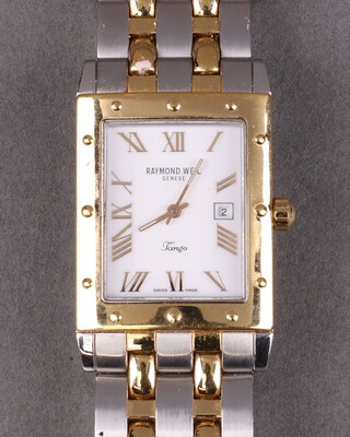 Raymond Weil, a gentleman's quartz wristwatch, the white dial marked Tango and with calendar aperture, contained in a 2 colour metal case, complete with guarantee, instruction guide, box and spare link 