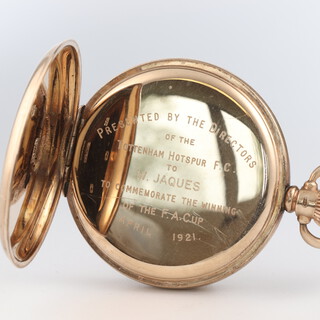 Of football interest, a Waltham full hunter pocket watch, with enamelled dial, Roman numerals and subsidiary second hand, the dial marked Waltham USA, the dust cover engraved "Presented by The Director of Tottenham Hotspur FC to W Jaques to Commemorate The Winning of The FA Cup April 1921", contained in a 9ct gold case, Birmingham 1921, monogrammed W J. gross weight including movement 95g 

Please note: Jaques Tottenham FA cup winners medal is lot 740 and 2 football medals presented to him are lot 741 