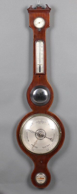 Berringer & Co. Truro, a 19th Century wheel barometer and thermometer with damp/dry indicator, thermometer, mirror and spirit level, contained in an inlaid mahogany case 94cm h 