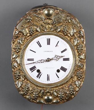 A. Schmieder. a 19th Century striking comtoise clock with 22cm enamelled dial, Arabic numerals, contained in an embossed gilt metal case, complete with pendulum and weights 