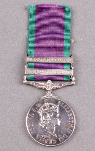 A General Service medal 1962, 2 bars Borneo and South Arabia to  RM18838 W R Rae Marine Royal Marines (the bar is attached by string)  