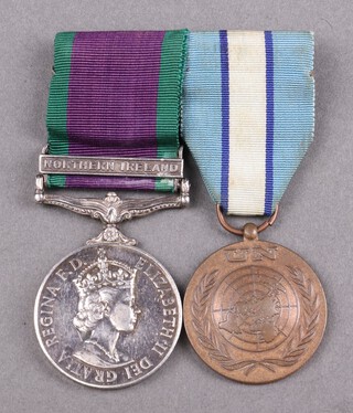 A pair, General Service medal 1962 with 1 bar Northern Ireland and United Nations Cyprus medal to PO32658T C B Kennedy Lance Corporal Royal Marines, mounted for wear 