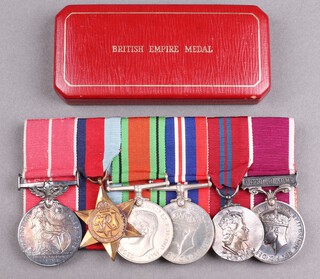 A group of 6 medals comprising Military issue British Empire medal, 1939-45 Star, Defence and British War medal, Elizabeth II Coronation medal and George VI issue Army Long Service Good Conduct metal  to 2611723 Sergeant Eric C Medcalf Grenadier Guards, court mounted and together with British Empire medal box 