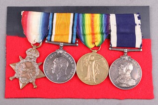 A group of 4 medals comprising 1914-15 Star, British War medal, Victory medal and George V issue Naval Long Service Good Conduct medal, the first three medals named R.M.B 1248 B D Corporal G W Hooper, the Naval Good Conduct medal named R.M.B. 1248 G W Hooper Bomr 2 HMS Ajax, mounted for wear 