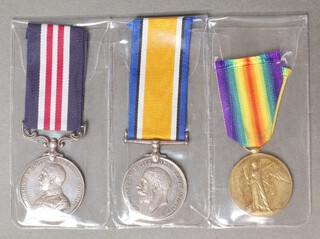 A group of 3 medals comprising George V issue Military Medal, British War medal and Victory medal to 15-399 Sergeant E A Green West York Regiment (Victory medal possibly renamed) 